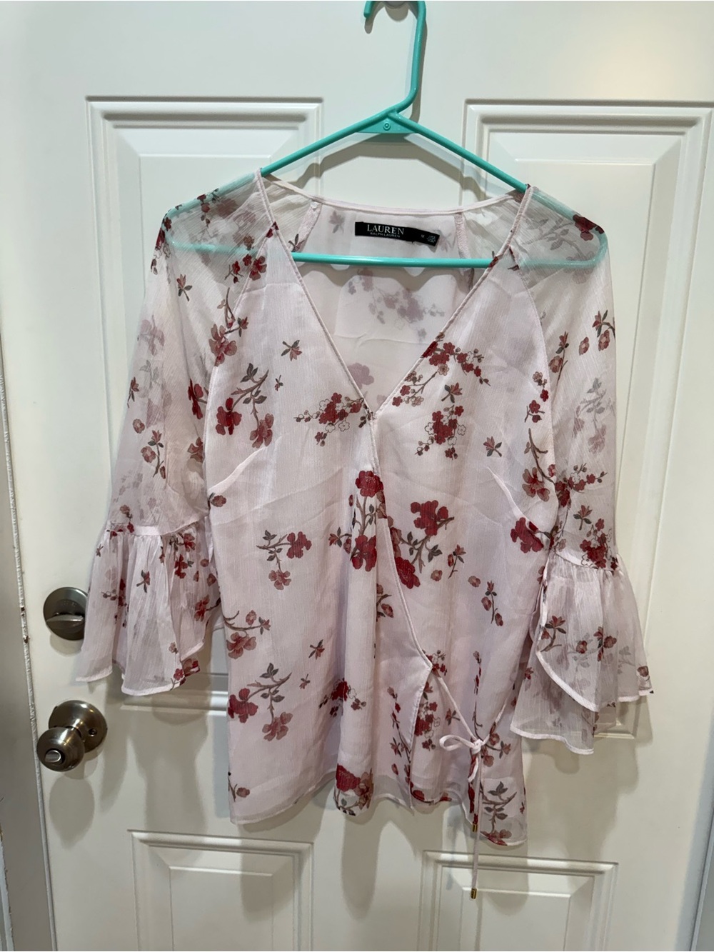 Ralph Lauren Blush Sheer Floral Wrap Top with bell sleeves.